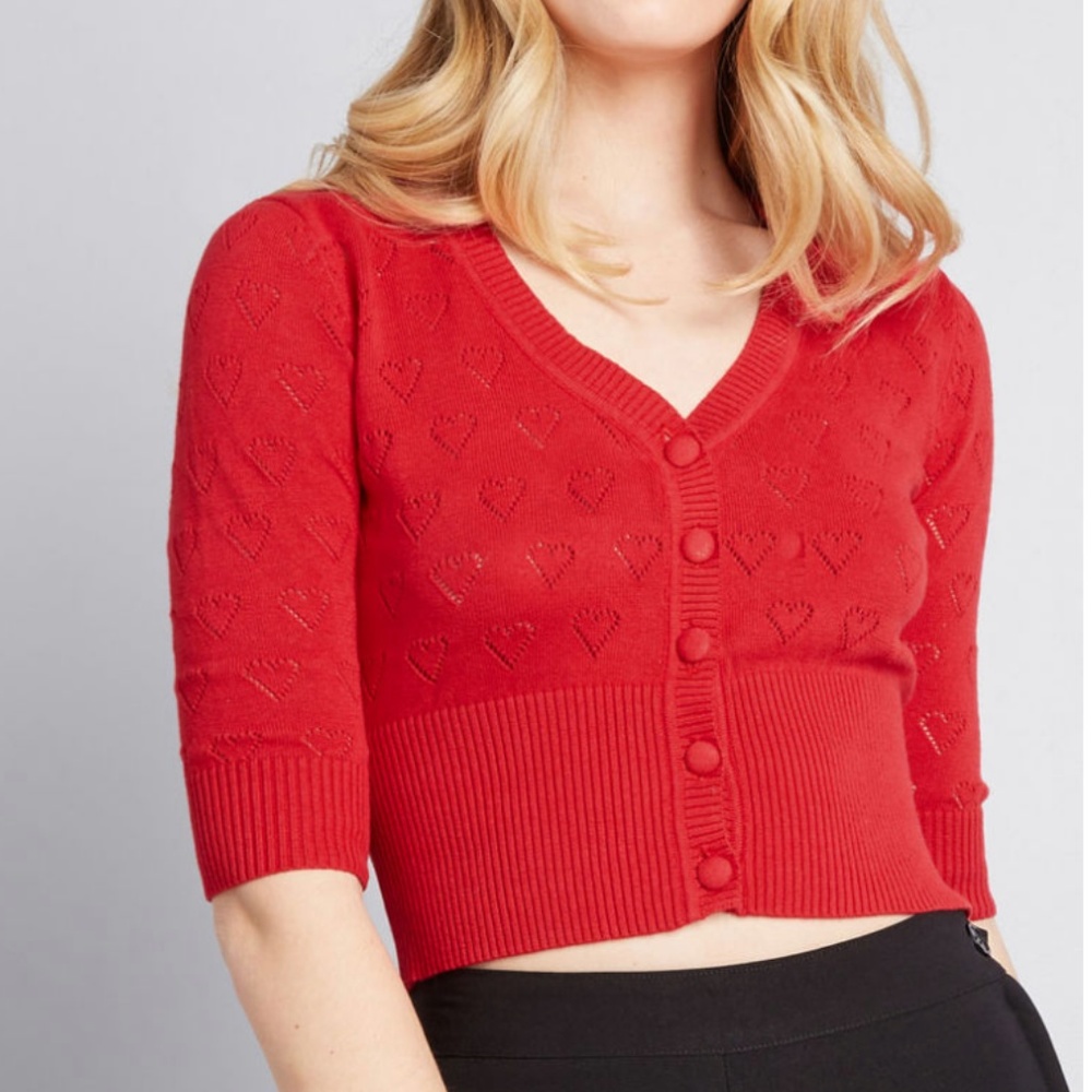 NWT Red Heart Pointelle Pattern Cropped Cardigan